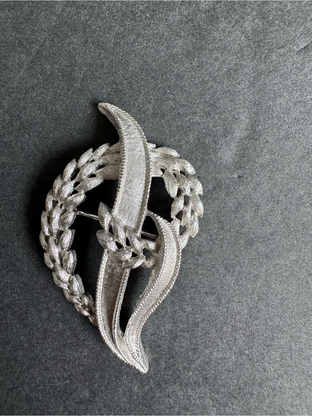 Vintage Trifari Brooch Brushed Silver Pin Wheat Leaf Crest Grandma Jewelry Retro